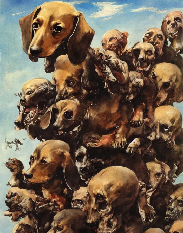 Prompt: Dachshund on top of a pile of human skulls, painting by Frank Frazetta