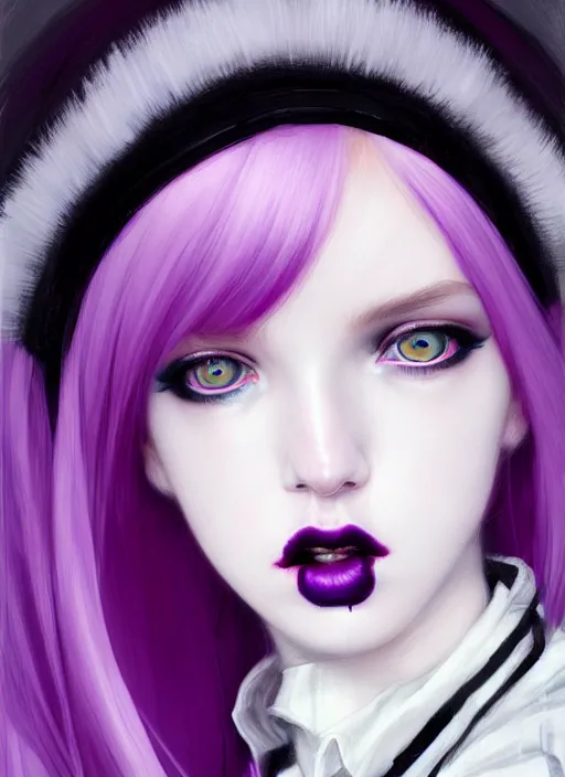 Image similar to portrait of white teenage girl, normal face, white bangs, mall goth, cyberlox, black and white hair, bangs, fluffy bangs, red contact lenses, purple lipstick, intricate, elegant, highly detailed, digital painting, artstation, concept art, sharp focus, smooth, illustration, art by wlop, mars ravelo and greg rutkowski