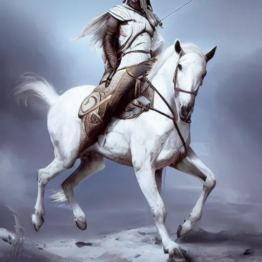 Image similar to a white horse The one who rode him carried arrows and a bow in his hand, and they gave him a crown, digital Art, Greg rutkowski Trending artstation