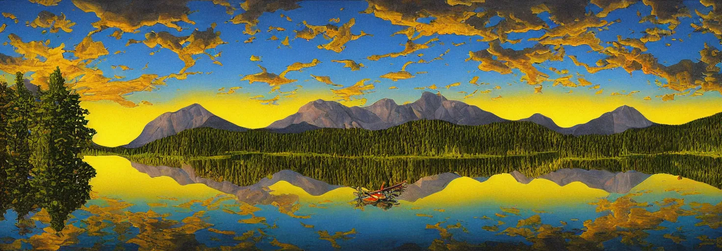 Image similar to escher painting of a lake, big trees reflecting on lake surface, mountains at background, an ufo in the air, fluffy clouds, sunset, yellow, green, red, snowy, ultra sharp, ultra detailed, happy, uplifting, colorized by salvador