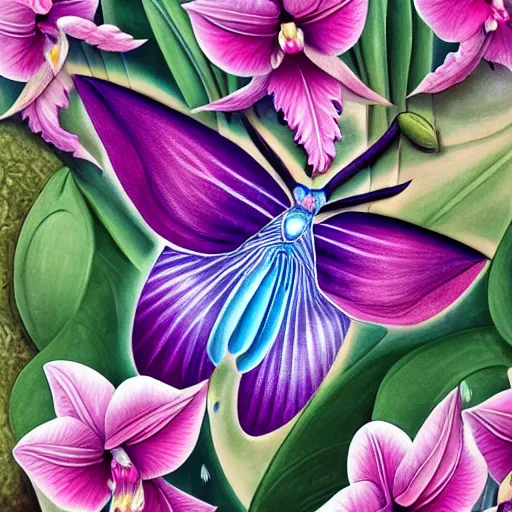 Prompt: painting of a luna moth surrounded by orchids, intricate, highly detailed, illustration, soft, sharp focus, moonlight, trending on artstation