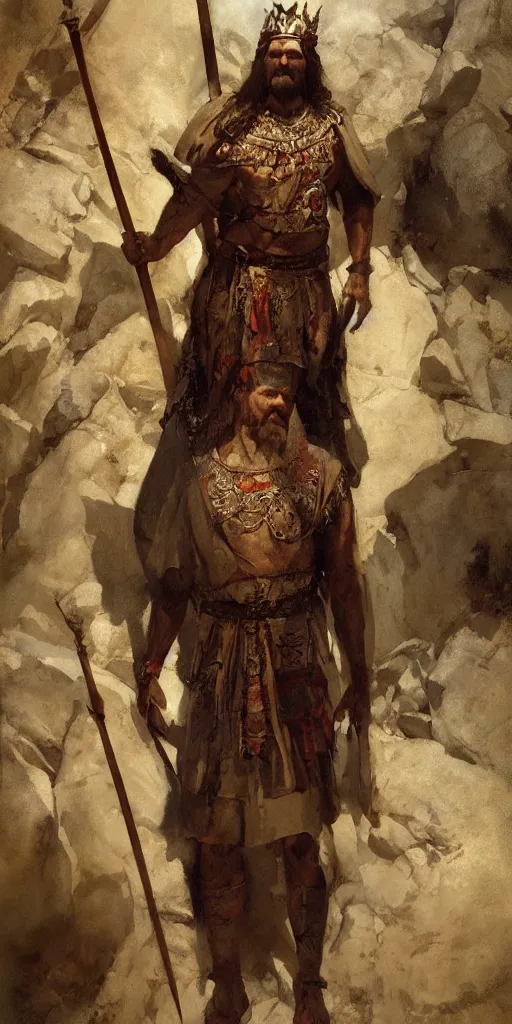 Image similar to a full body portrait of the ancient historical biblical evil pagan king ahab of Israel by craig mullins and marc simonetti, Ross Tran and WLOP, by Andrew Wyeth and Gerald Brom, In the style of John singer Sargent and James gurney, ARTSTATION, cgsociety, polycount, character design, CINEMATIC, AWE INSPIRING, BEAUTIFUL, ART GERM