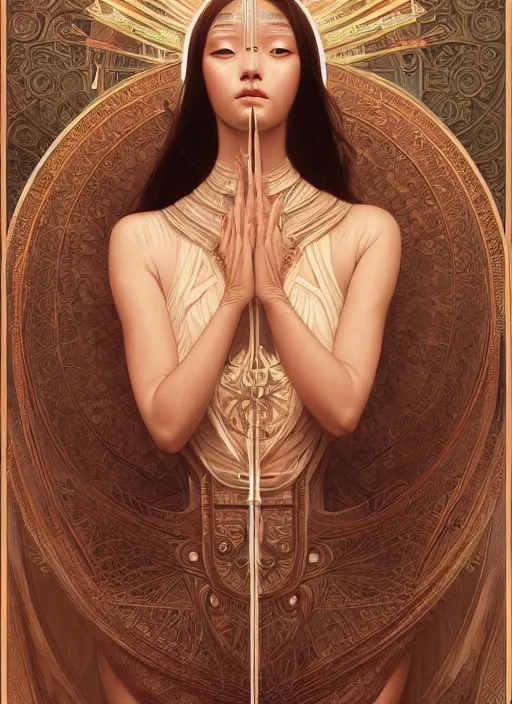 Image similar to symmetry!! asian, machine parts embedded into face, intricate, elegant, highly detailed, digital painting, artstation, concept art, smooth, sharp focus, illustration, art by artgerm and greg rutkowski and alphonse mucha, 8 k