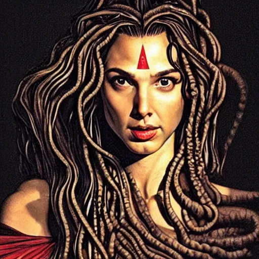 Image similar to gal gadot as medusa on her face an expression of horror and her hair is all writhing serpents by caravaggio