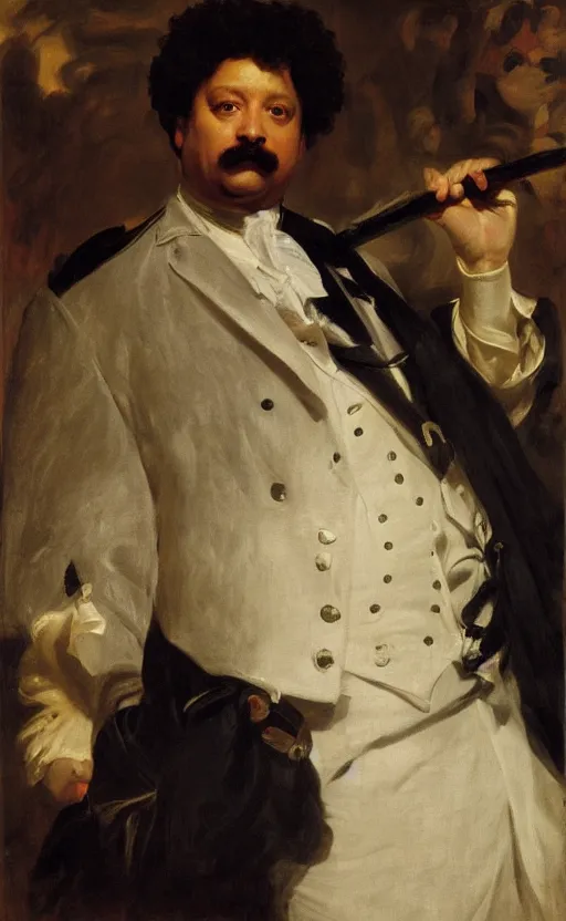 Image similar to Portrait of Alexandre Dumas, oil on canvas, highly detailed, high contrast, by Franz Xaver Winterhalter, Henry Ossawa Tanner, Anthony van Dyck, 8k