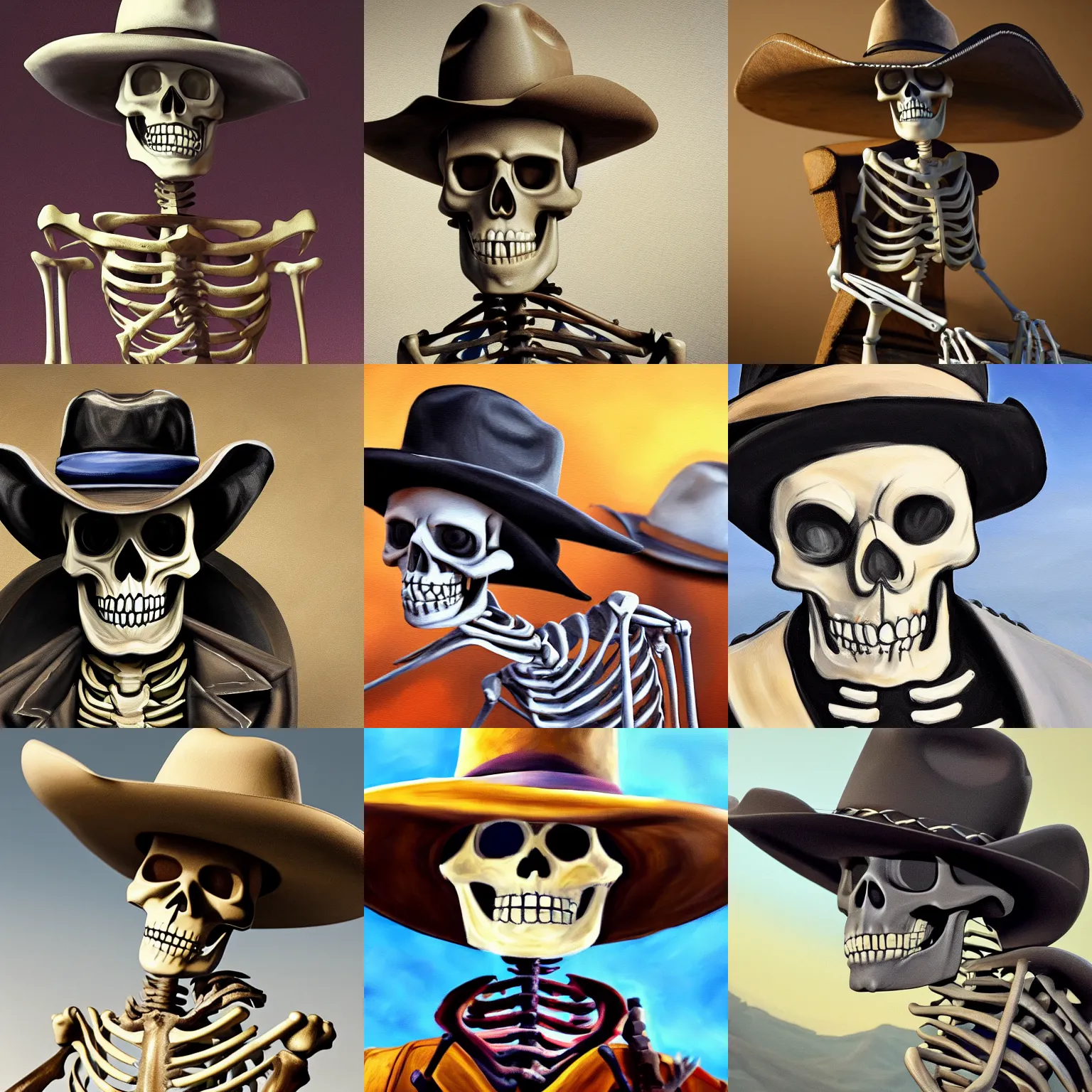 Prompt: a cartoon skeleton in a cowboy hat. painting. trending. cinematic. epic. highly detailed. 8 k