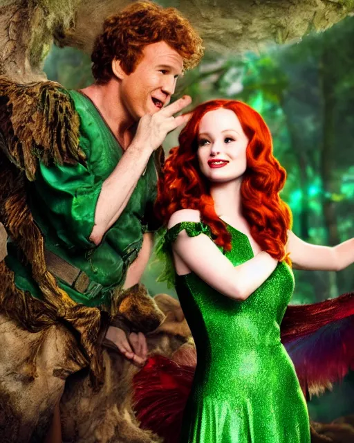 Image similar to Madelaine Petsch as Peter Pan and Will Ferrel dressed as Tinkerbell, cinematic, Trending on Artstation, in the style of Ridley Scott, Neverland, Magical, Ethereal