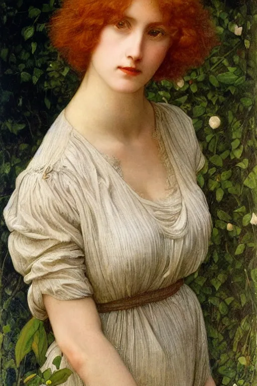 Prompt: Pre-Raphaelite portrait of a young beautiful woman with blond short-hair and grey eyes who works as an architect artwork by Edward Robert Hughes