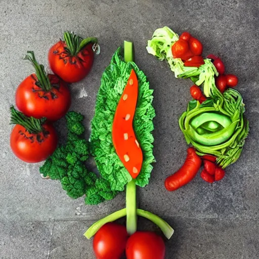 Image similar to the epic battle of good v.s evil as depicted by vegetable art