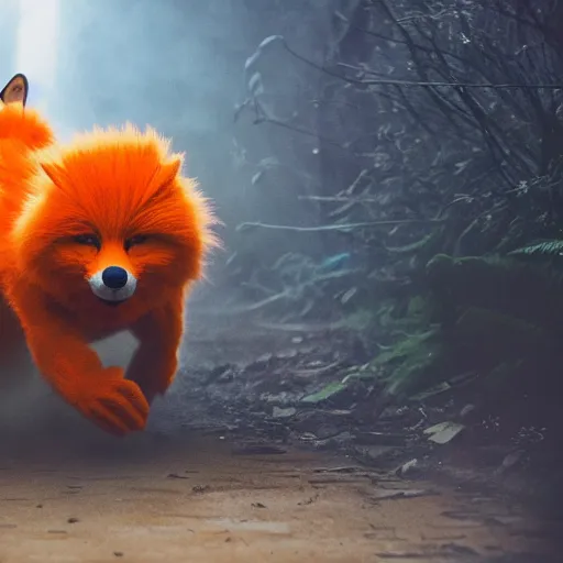 Image similar to a large orange fox kitsune two tailed muppet wearing a hooded cloak holding a lit torch and herding a bunch of random muppet animals following behind through a dark foreboding misty blue forest at night, sesame street, photograph, photography, ultrarealistic, national geographic