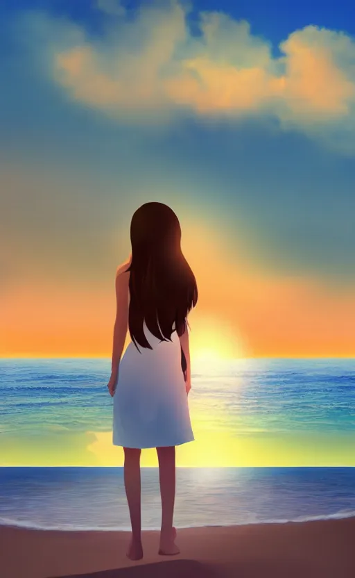 Prompt: woman looking at the sea on the beach during sunset, realistic shaded, highly detailed, anime, realistic