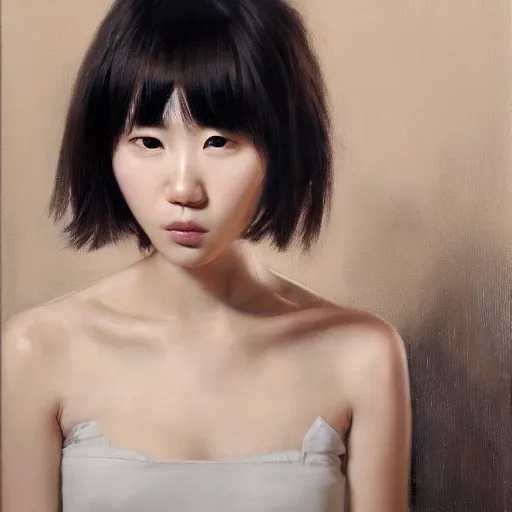 Image similar to portrait of a beautiful korean girl with long hair and bangs wearing a tuxedo an angry expression, oil on canvas, elegant pose, masterpiece, Jonathan Yeo painting