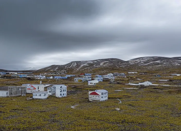 Image similar to desolate abandoned longyearbyen, taken over by nature, houses covered in vines