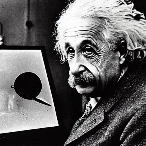 Image similar to Albert Einstein inspecting the first atomic bomb prior to detonation. 1940's photograph