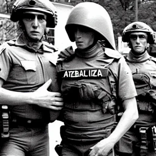 Image similar to extraterrestrial zeta reticulan grey alien, being arrested by spetsnaz