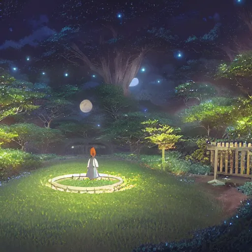 Prompt: a secret garden at night, moon, by makoto shinkai