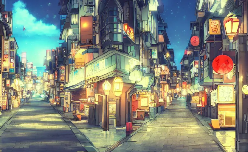 Image similar to a beautiful street in a beautiful Japanese city, at night, street lights, anime style, in the style of ForD Nguyen on ArtStation and Zenifune on ArtStation, 4k,