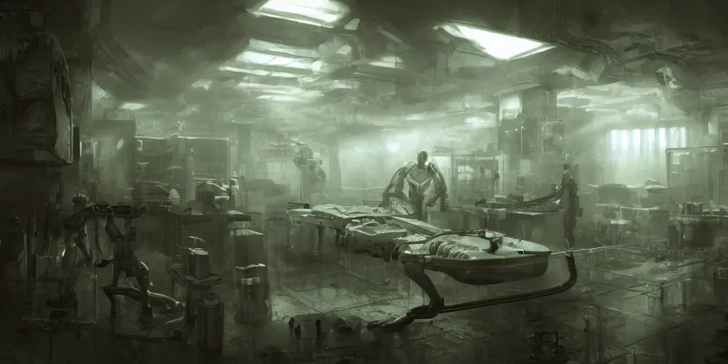 Image similar to Inside a secret Bio hazard Level 4 Research laboratory with Alien Greys, by Craig Mullins and John Howe, Alien Autopsy, Beautiful dramatic moody lighting, Cinematic Atmosphere, Volumetric, 8k Resolution, Arnold Rendering, Artstation, CGsociety, DSLR, Flickr