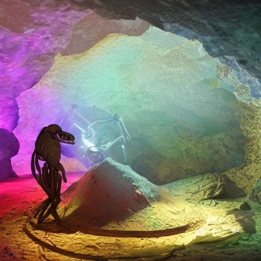 Image similar to photorealistic dinosaur skeleton inside a geode of colored crystals, volumetric lighting