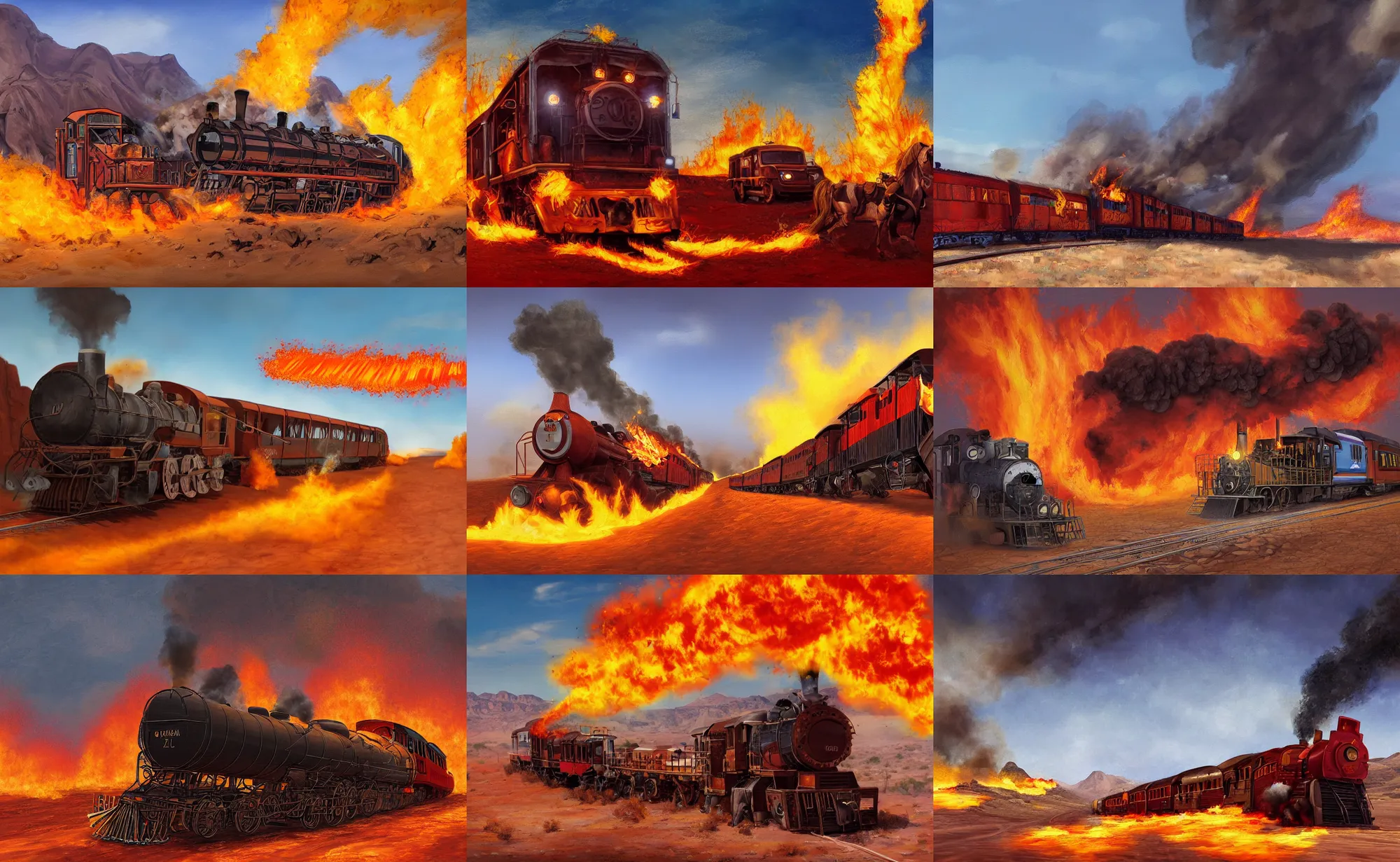 Prompt: digital oil painting of a wild west train on fire in the desert being robbed by bandits