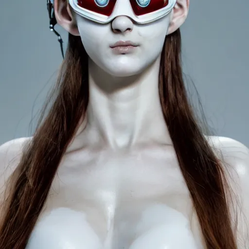 Image similar to full head and shoulders, beautiful female porcelain sculpture with all white 3 d cyborg elements, white prosthetic eyes, 3 d goggles, smooth, all white features on a white background, delicate facial features, white eyes, white lashes, detailed white liquid, cyberpunk, anatomical by daniel arsham and james jean