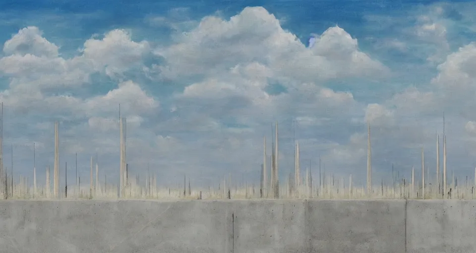 Prompt: world of only concrete, a flat endless plane of concrete covered in thin, very tall concrete pillars talk enough to go above the frame that go on to the horizon, open sky, but sparse vegetation is returning to the world, growing in the concrete, blue sky with clouds, god rays, beautiful painting, oil on canvas, by Ewa Czarniecka, award winning masterpiece,