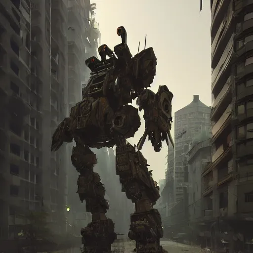 Prompt: six feet tall mech fighting in an urban environment, by gaudi, by ismail inceoglu, octane render, by weta digital, cinematic lighting, bump mapped, lumen reflections, action scene screenshot, epic scale, trending on artstation