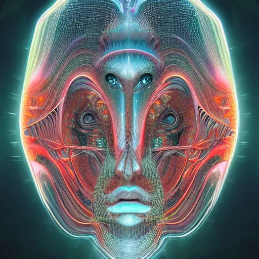 Image similar to Face of a Alien Deity, centered, corals, plume made of geometry, extremly detailed digital painting, sharp focus in the style of android jones, artwork of a futuristic artificial intelligence superstar with frames made of detailed circuits, mystical colors, rim light, beautiful lighting, 8k, stunning scene, raytracing, octane, under water visual distortion, dark tones colors, trending on artstation