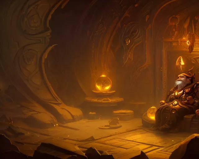 Prompt: a 4 k cinematic screenshot still portrait of a dwarf in a dark liminal space room surrounded by gold, deep focus, d & d, fantasy, intricate, elegant, highly detailed, digital painting, art station, concept art, matte, sharp focus, illustration, dark fantasy style art, hearthstone, art by artgerm and greg rutkowski and alphonse mucha