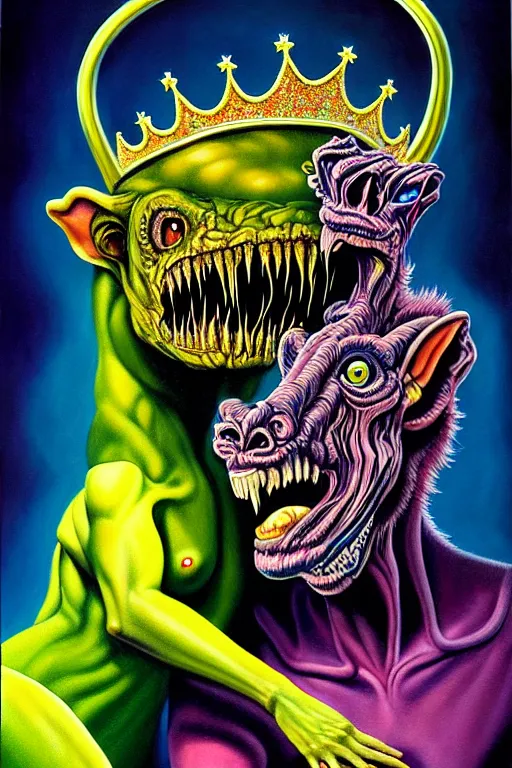 Prompt: a hyperrealistic painting of a hideous transparent chimera being crown prom queen and prom king, cinematic horror by chris cunningham, lisa frank, richard corben, highly detailed, vivid color,