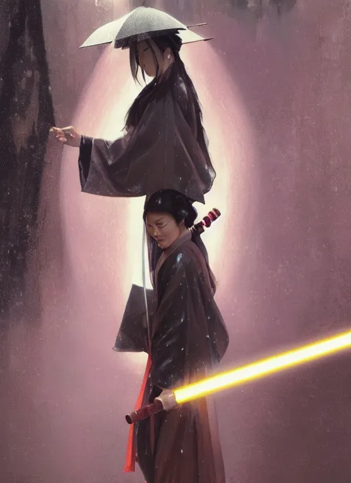 Image similar to a Photorealistic dramatic hyperrealistic render of an an Asian woman dressed in a kimono wielding two lightsabers, in the rain dramatic lighting, by WLOP,Artgerm,Greg Rutkowski,Alphonse Mucha, Beautiful dynamic dramatic dark moody lighting,shadows,cinematic atmosphere,Artstation,concept design art,Octane render,8K
