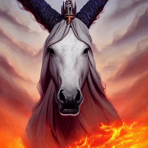 Image similar to a masterpiece!! matte painting of a handsome!! man riding on a majestic!! white horse with eyes like flames!!!, many crowns!! upon his head, a robe dipped in blood!, by gustav dore and paul barson, 8 k, uhd, trending on artstation, octanerender!!, crepuscular!!