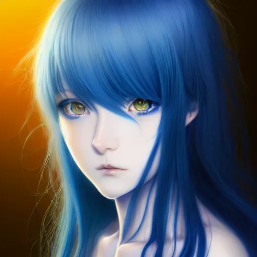 Image similar to attractive long blue - haired girl with bangs gothic anime character with / amber eye color gold / fantasy, screenshot, anime, sharp focus, intricate, illustration, cell shaded, digital painting, highly detailed, concept art, art by ilya kuvshinov and kyoto animation and wlop, and greg rutkowski, studio quality, james jean, artem demura