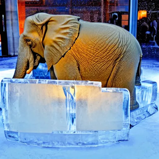 Prompt: fish frozen inside an ice sculpture of an elephant