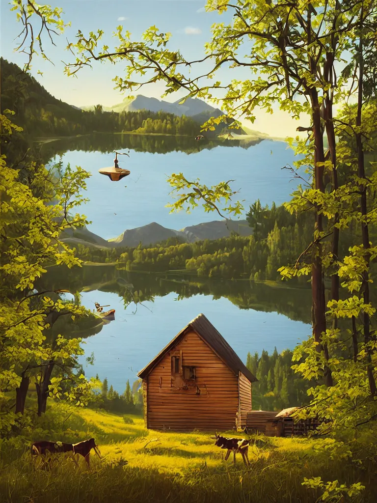 Prompt: an old wooden hikers shack in the woods next to a beautiful medium sized lake, early morning light, spring, ufo hovering in the sky retracting a cow from a field with an anti gravity beam, painting by kenton nelson