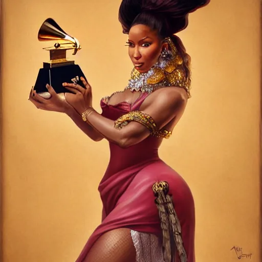 Prompt: Nicki Minaj holding a grammy, painted renaissance character portrait, highly detailed, painting, artstation, sharp focus, art by artgerm and greg rutkowski and alphonse mucha and magali villeneuve