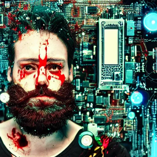 Image similar to Beautiful Photo of Arduino Uno in the robot's head. beard man. Cyberpunk. splatterpunk. 4K