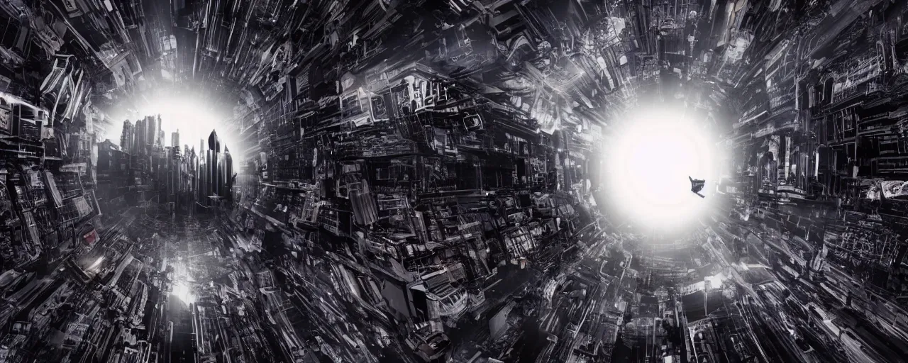 Prompt: photo of a black hole is destroying a gothic cyberpunk City