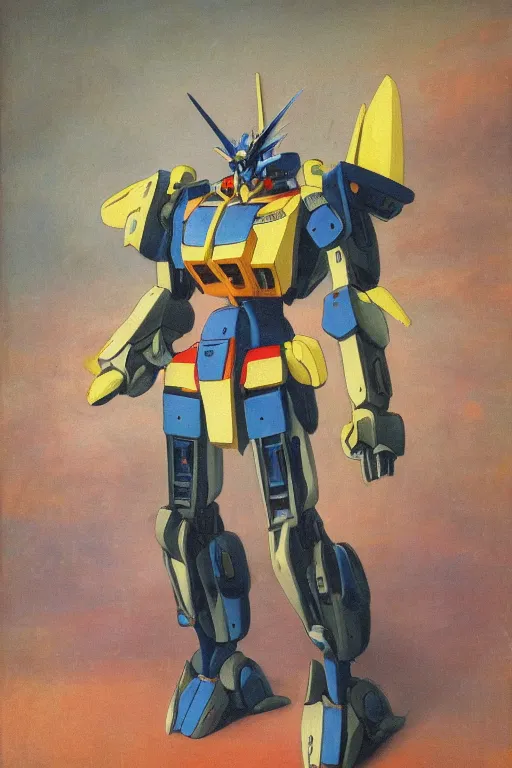 Image similar to a elegant gundam robot with fluo color detail, and muted arm colors, on top of dutch master painting of exotic plastic flowers