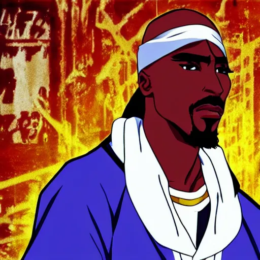 Image similar to Tupac Shakur, screenshot from a 2012s anime