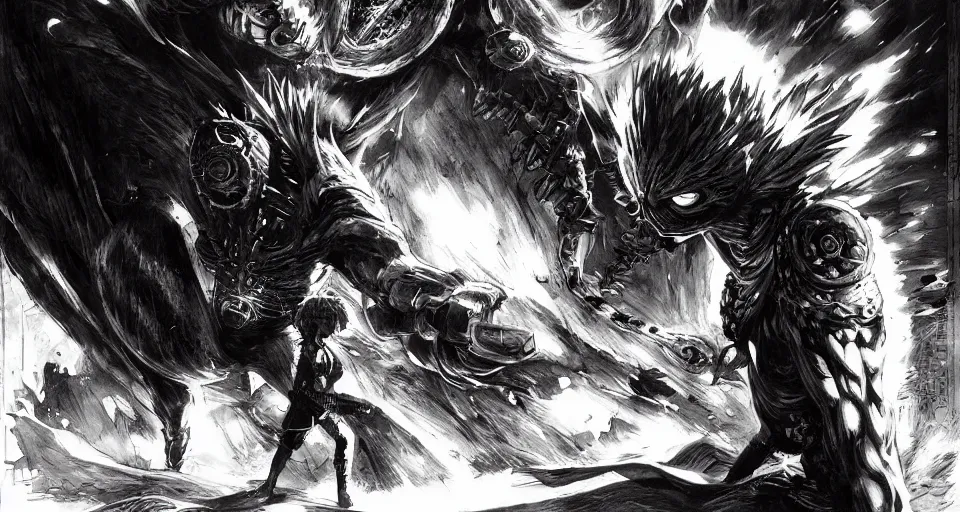 Image similar to one punch man vs red eyed beast by h. r. giger and greg rutkowski, the last guardian by fumito ueda - elden ring