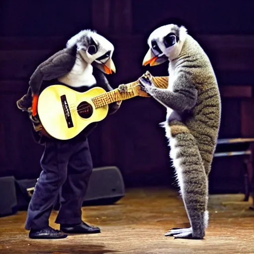 Prompt: a lemur and a puffin performing on stage at the ryman auditorium - n 4