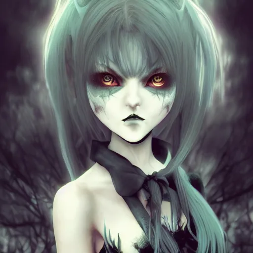 Image similar to full shot portrait of angry darkness anime girl at moonlight, gothic wearing, inspired by Tim Burton, WLOP, Marc Simonetti, Amano, Andrei Riabovitchev, detailed, unreal engine 4k volumetric light, fog,