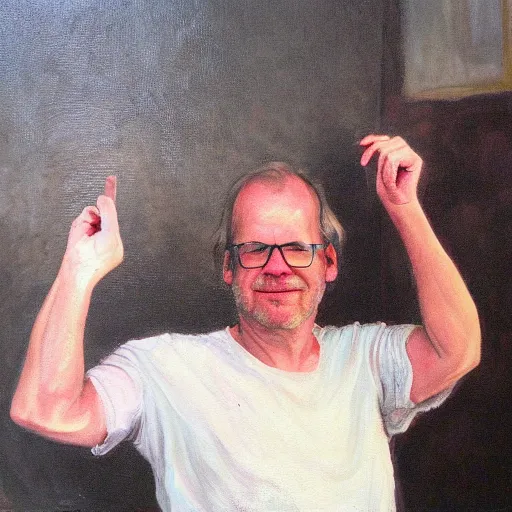 Prompt: Oil painting of Lars Vilks posing infront of Nimis