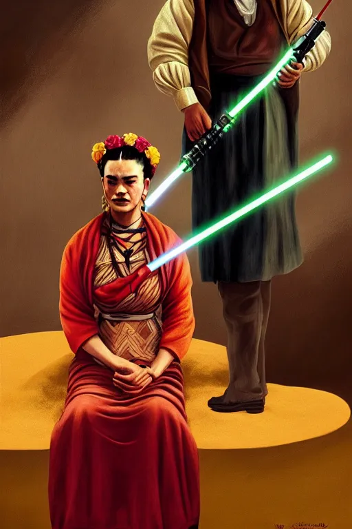 Prompt: photo of frida kahlo having a conversation with walter white! dream breathtaking detailed concept art painting of a jedi dilma rousseff holding a lightsaber, by hsiao - ron cheng, exquisite detail, extremely moody lighting, 8 k