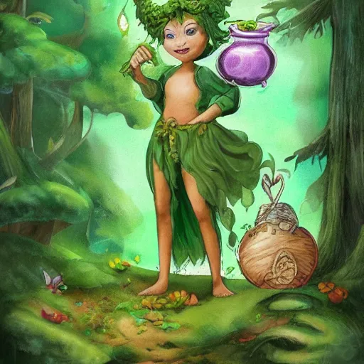 Image similar to a green genie ready to grant wishes deep in the forest, fantasy illustration