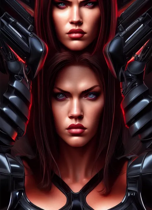 Image similar to symmetry!! gantz portrait of megan fox as black widow, unholy, intricate, highly detailed, dynamic lighting, digital art, digital painting, artstation, terence nielsen, sharp focus, illustration, art by artgerm and greg rutkowski and moebius, 8 k