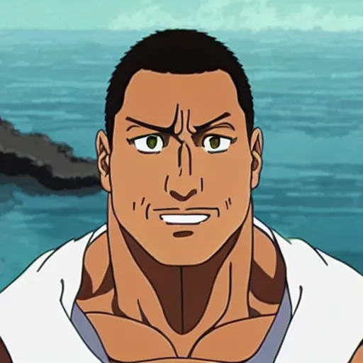 Image similar to Dwayne Johnson in anime, by studio ghibli