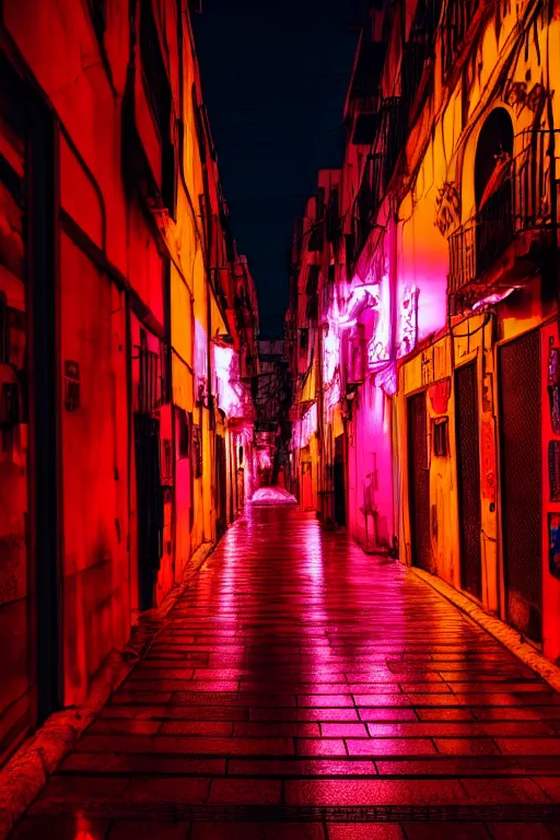 Image similar to neon streets of lissabon, 4 k, award winning photo, cyberpunk style