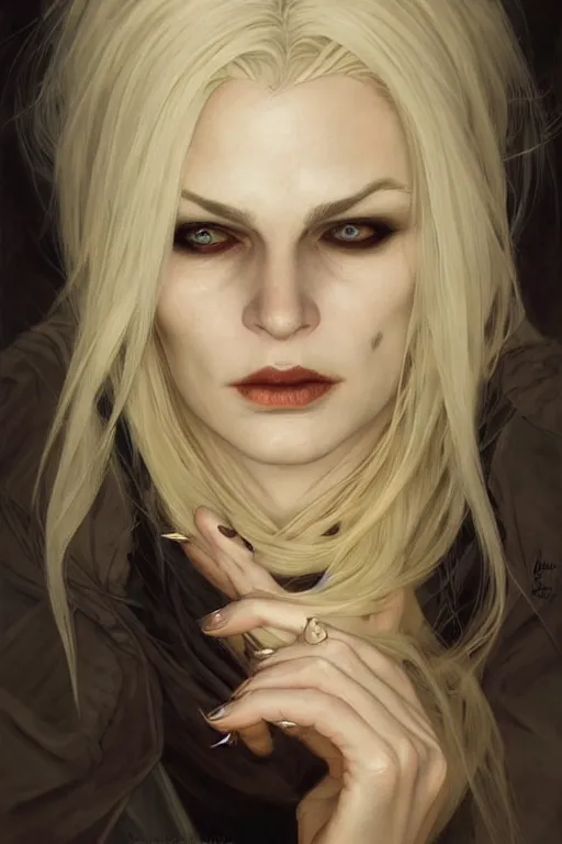 Image similar to portrait of an old blonde vampire mage, dark, piercing eyes, gentle expression, elegant clothing, photorealistic, highly detailed, artstation, smooth, sharp focus, art by michael whelan, artgerm, greg rutkowski and alphonse mucha